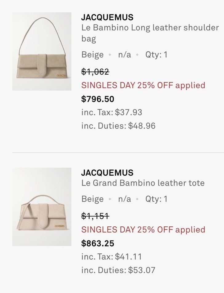 Net-A-Porter 雙11單身節 75折，英國凱特王妃愛牌DeMellier包、小眾品牌Jacquemus包、加拿大運動品牌Lululemon等都參加。