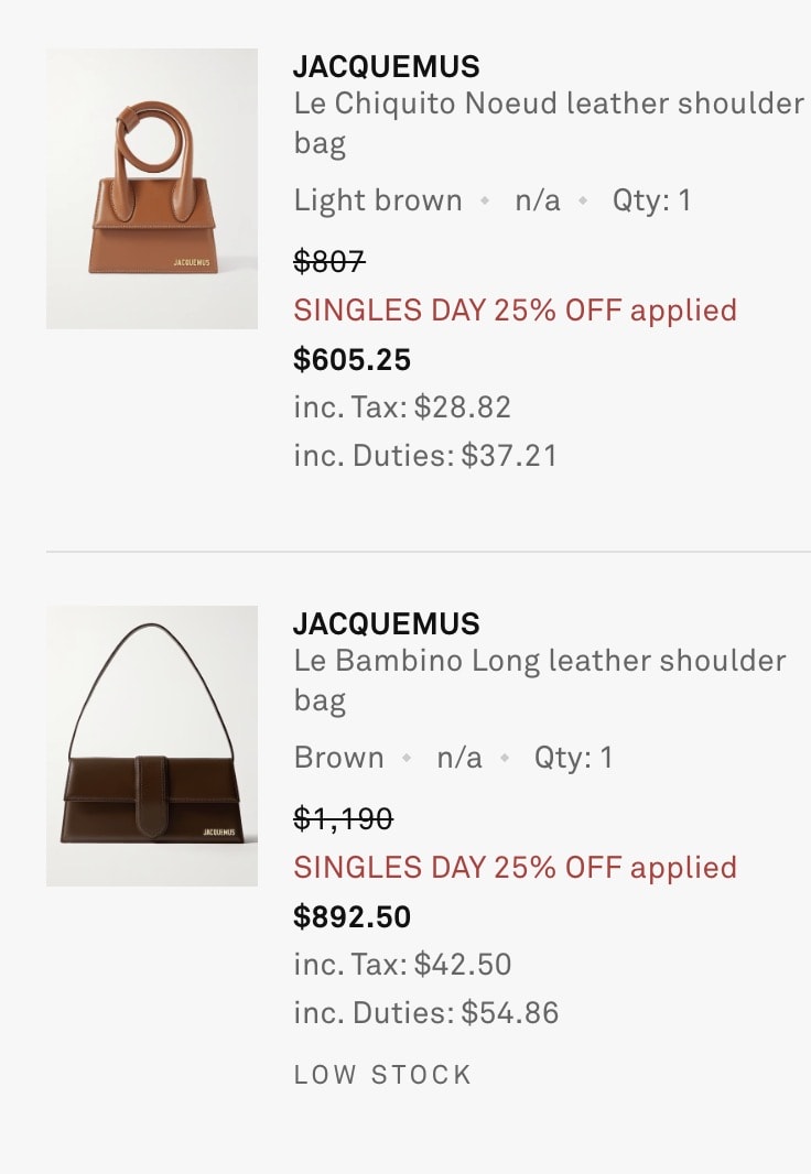 Net-A-Porter 雙11單身節 75折，英國凱特王妃愛牌DeMellier包、小眾品牌Jacquemus包、加拿大運動品牌Lululemon等都參加。