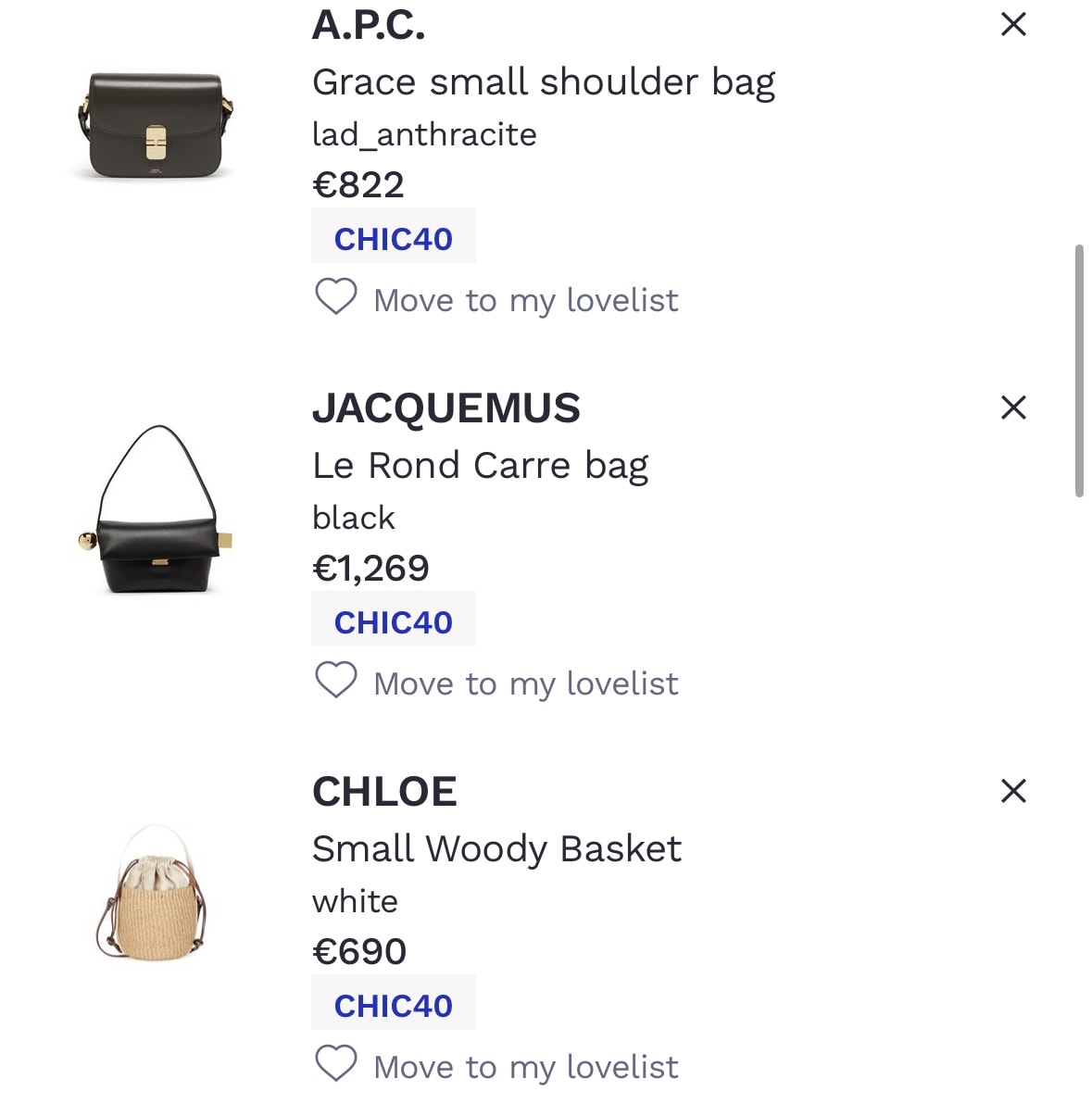 24S雙十一加碼again低至6折，CHLOE mini tote 低至38折、小籃子經典米色低至56折。