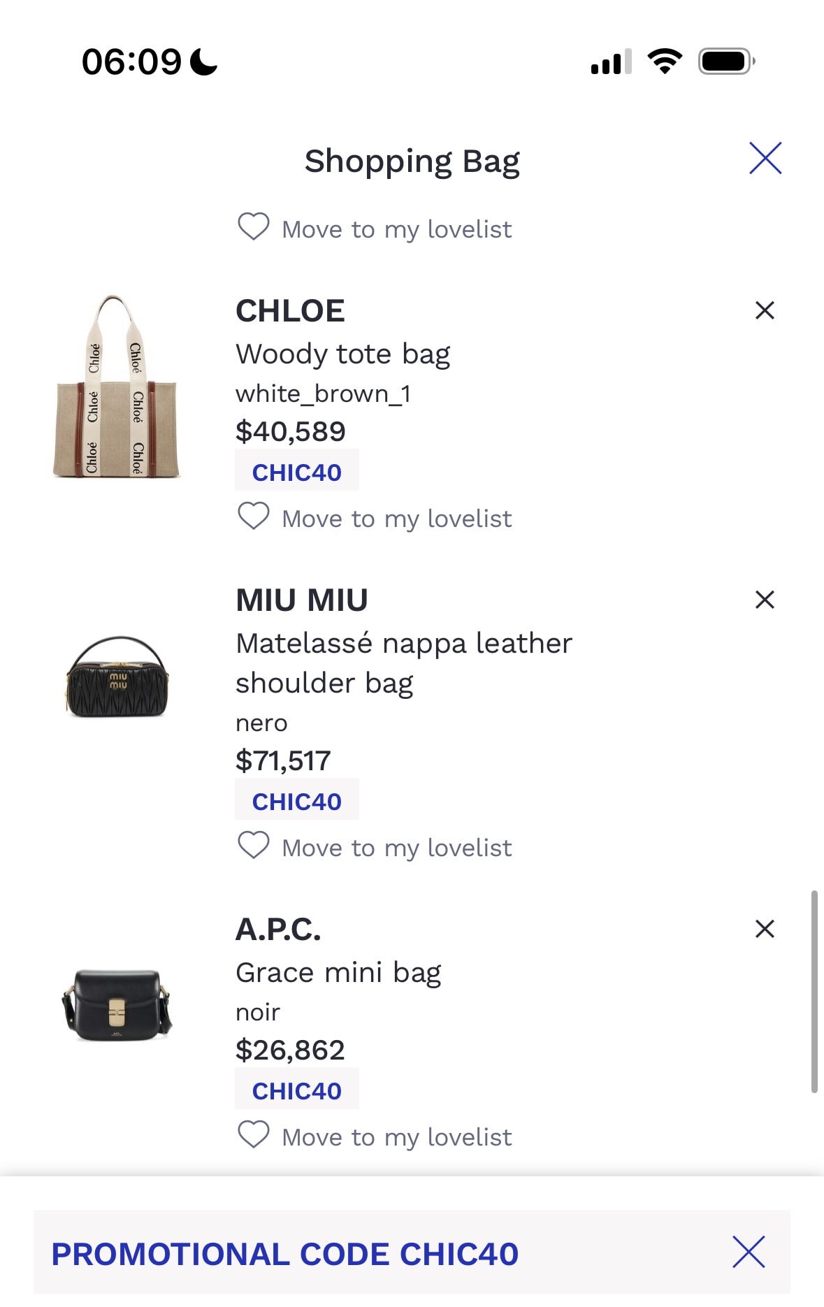 24S雙十一加碼again低至6折，CHLOE mini tote 低至38折、小籃子經典米色低至56折。